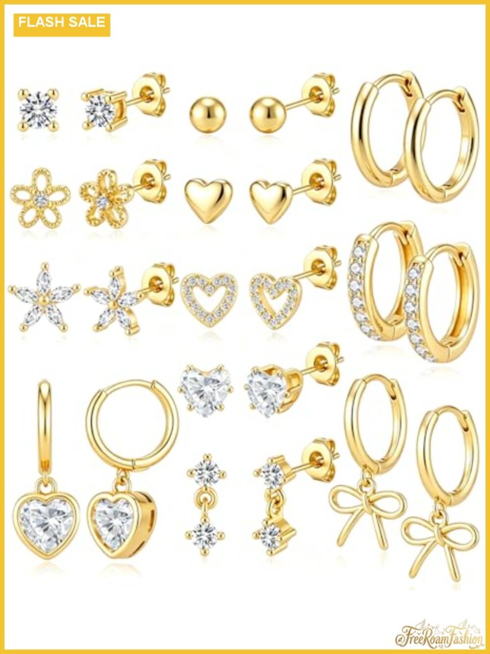 12 Pairs Gold Plated Stud Hoop Earrings Set for Women Hypoallergenic Dainty